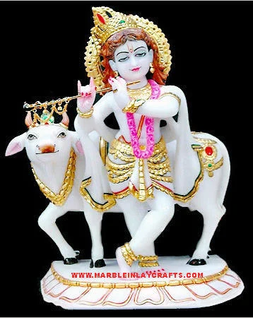 Makrana Marble Krishna Statue with Cow